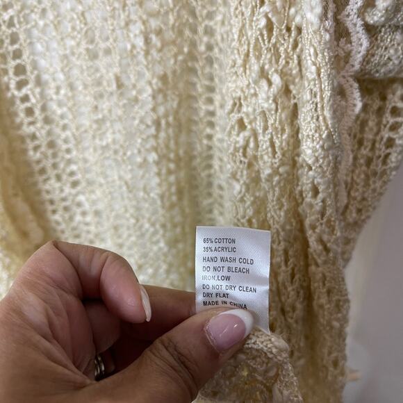 POL Beige Beachy Crochet Lace Open Front Cardigan Swim Cover Up Fringe Boho M - Picture 7 of 7